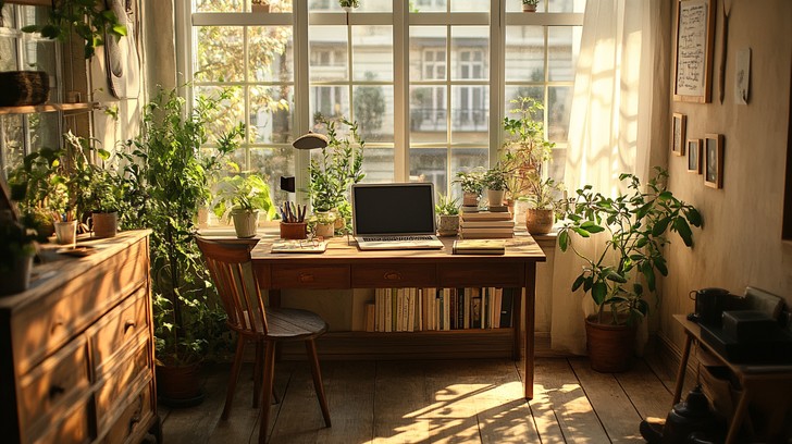 Organized clean workspace with indoor plant and natural window lighting